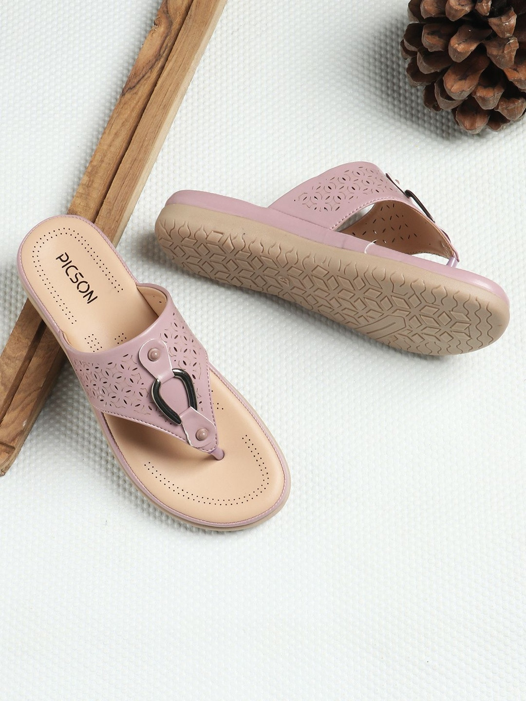 PICSON Women Textured T-Strap Flats with Laser Cuts