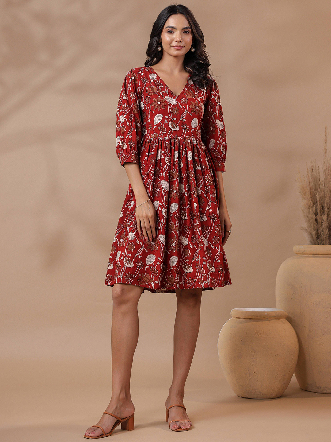 Taavi Hand Block Print V-Neck Cotton Dress
