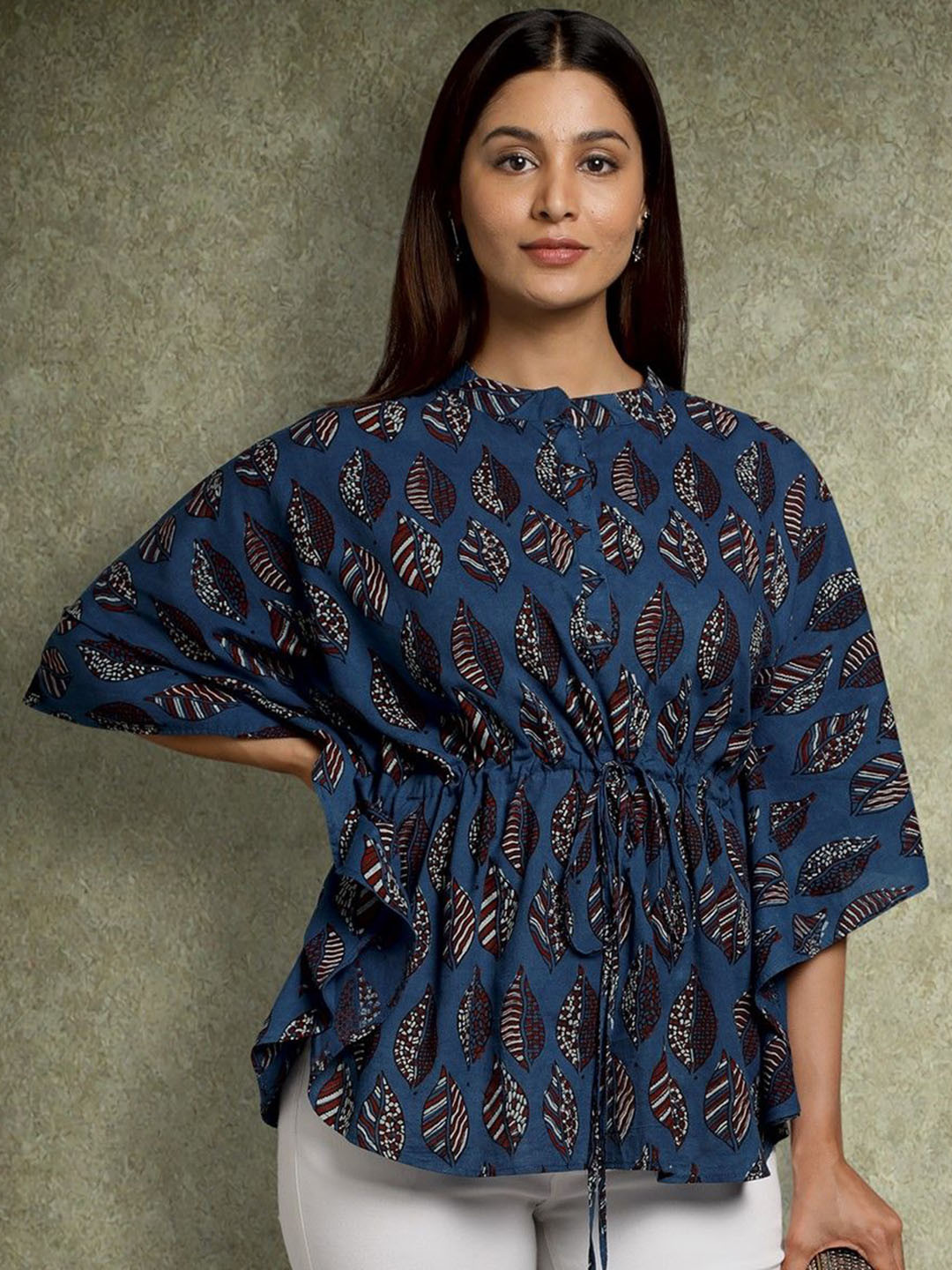 Taavi Women Ajrakh Block Print Cotton Mandarin Collar Batwing Sleeves Kaftan Kurti
