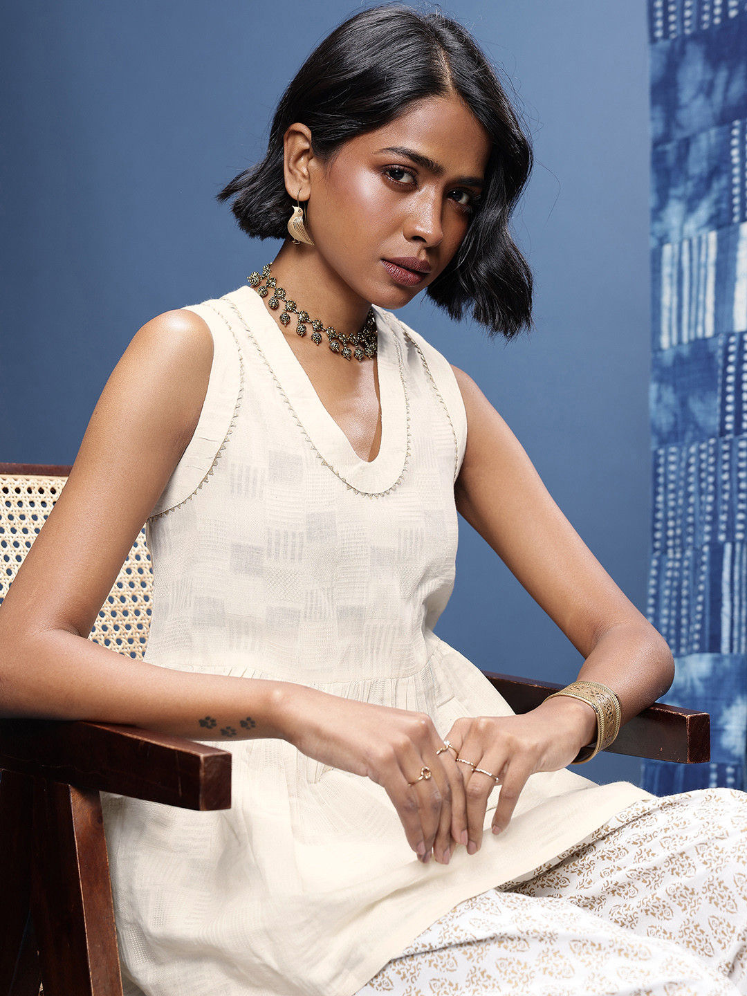 Taavi Cora Pure Cotton Textured Zari Embroidered Gotta Patti Gathered A-Line Top