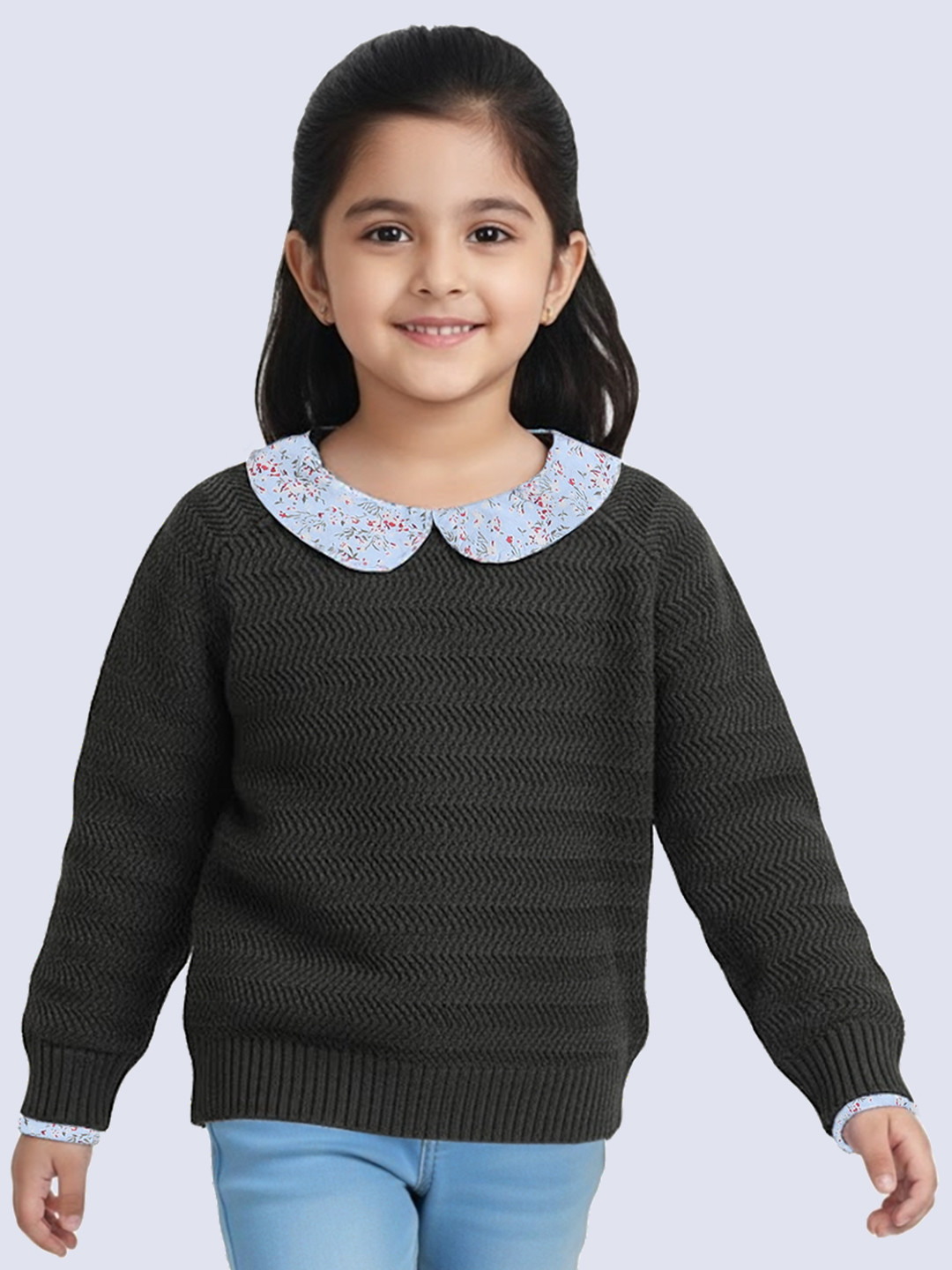 Yellow Apple Girls Ribbed Self Design Peter Pan Collar Wool Pullover Ribbed Sweater