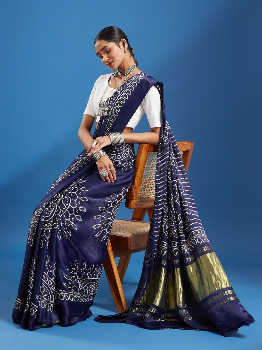 Taavi Women Ajrakh Hand Block Gajji Silk Saree