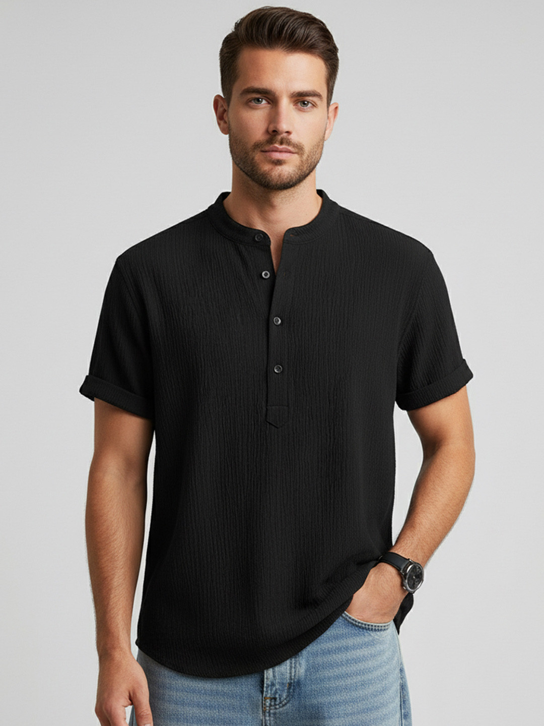 Metronaut Band Collar Short Sleeves Straight Fit Popcorn Shirt