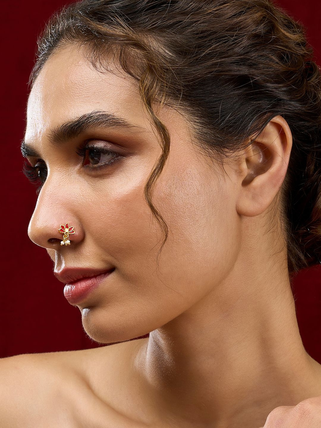 TEEJH Sairat Gold-Plated Artificial Stones and Beads Stud Nosepin