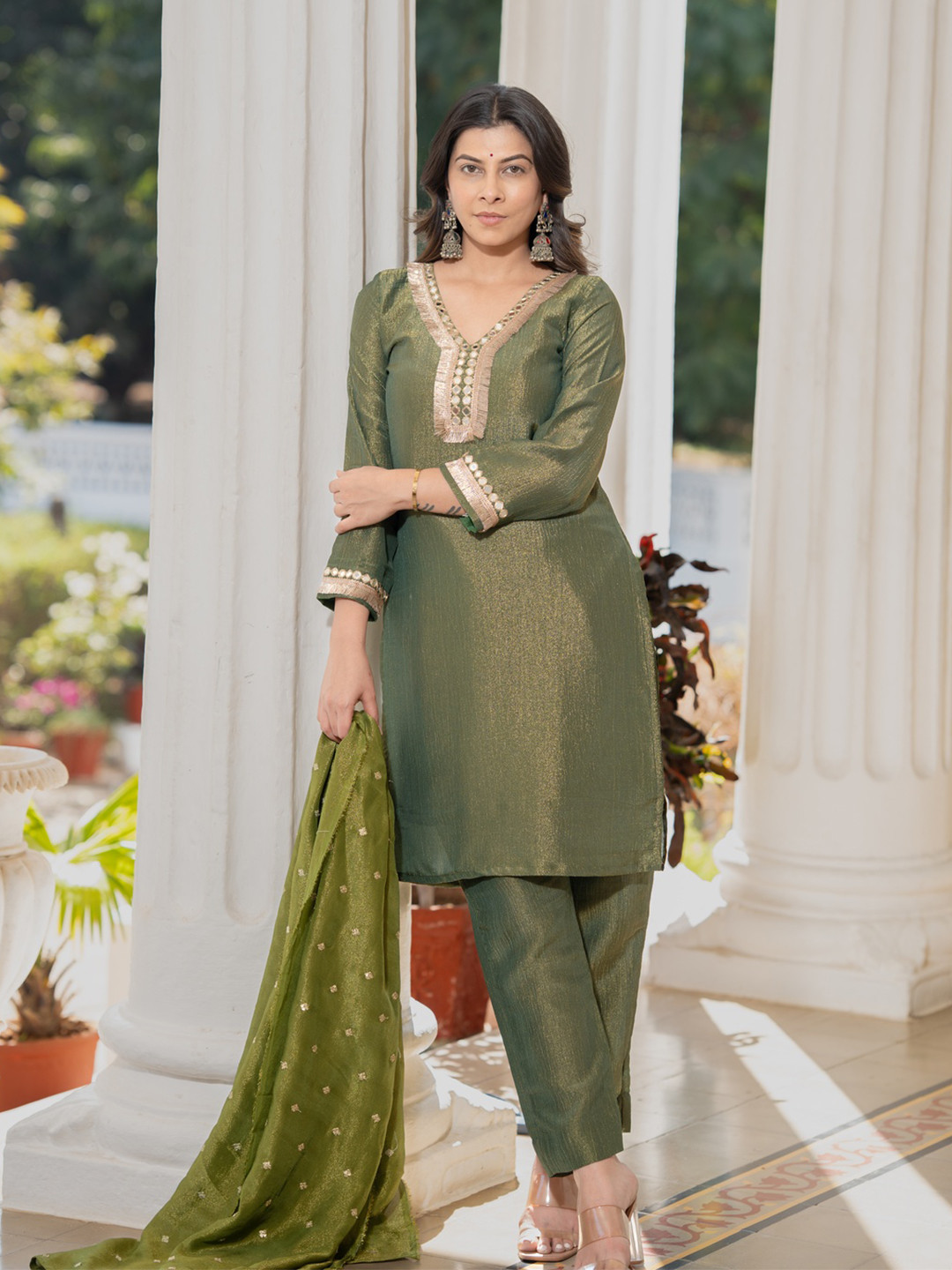 Meeshara Women Gotta Patti Tissue V-Neck Kurta with Trousers & Dupatta