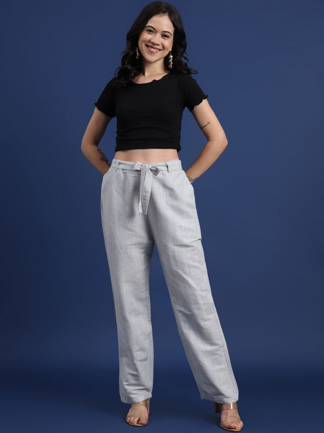 Taavi Women Solid Cotton No Fly Flat-Front Trousers with Pockets