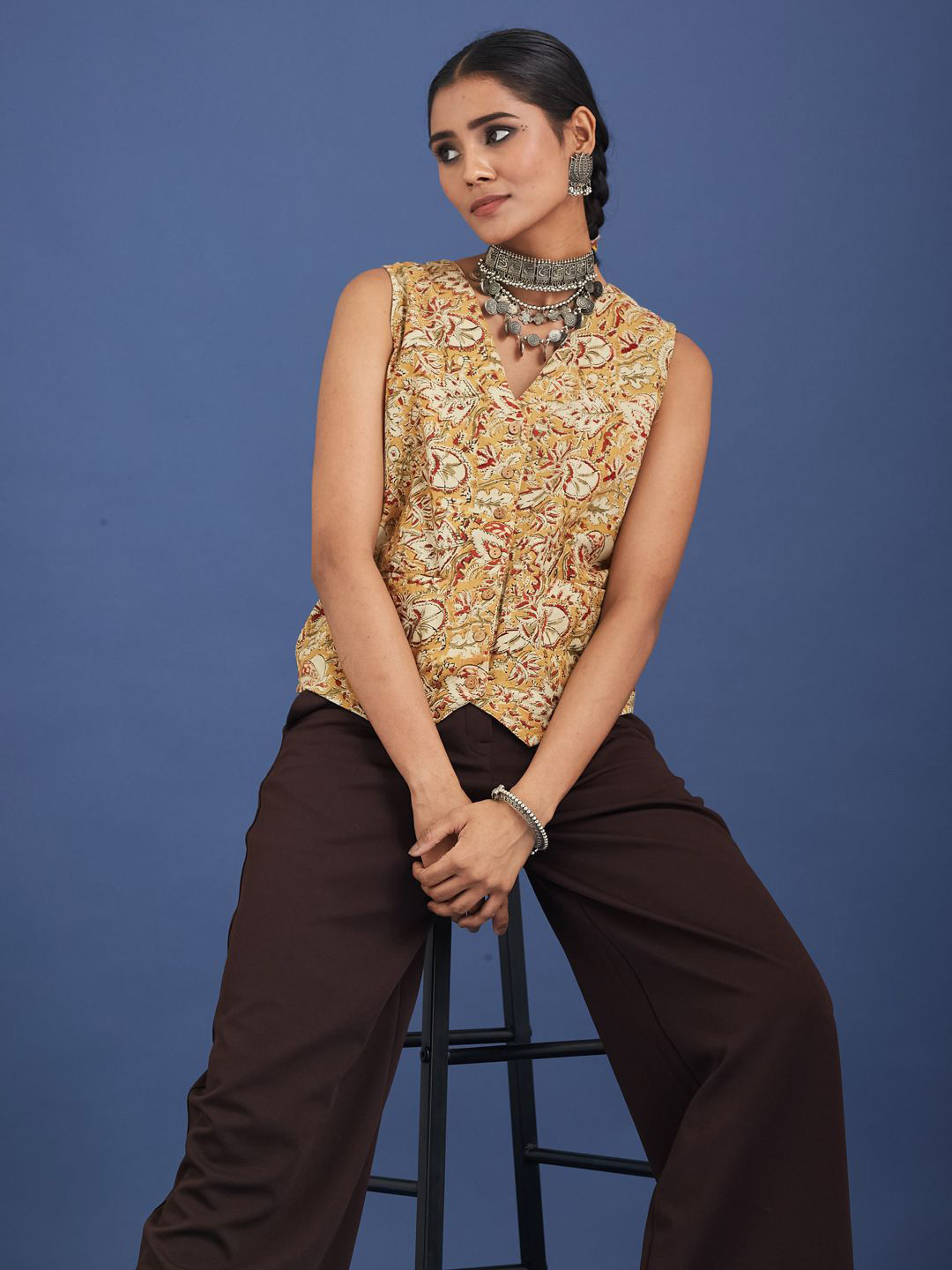Taavi Women Kalamkari Printed Pure Cotton V-Neck Shirt Style Top