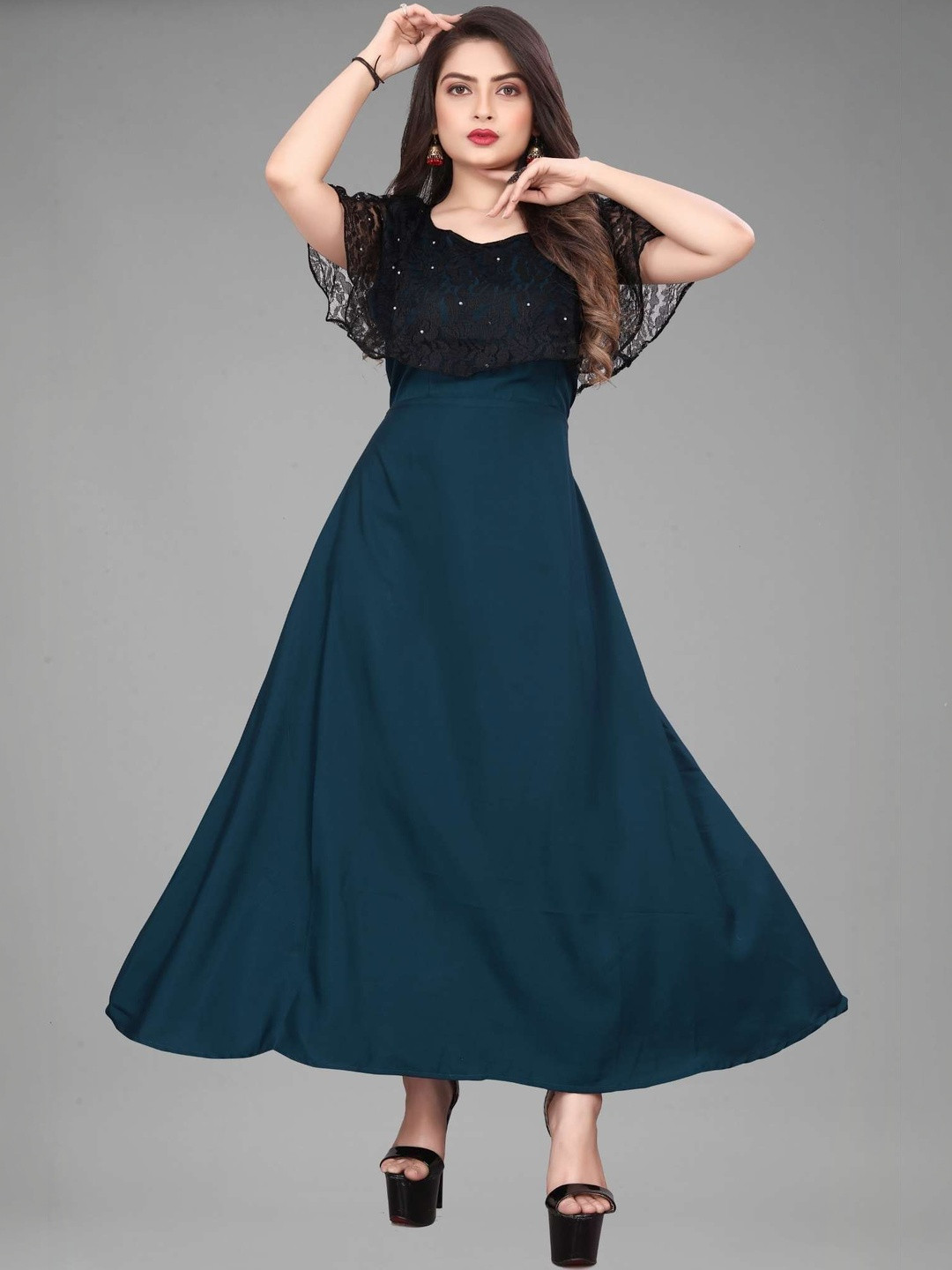 QENA Flutter Sleeve A-Line Maxi Dress
