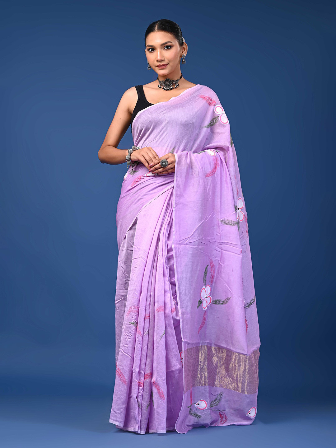 Taavi Women Dabu Hand Block Printed Brush Chanderi Saree