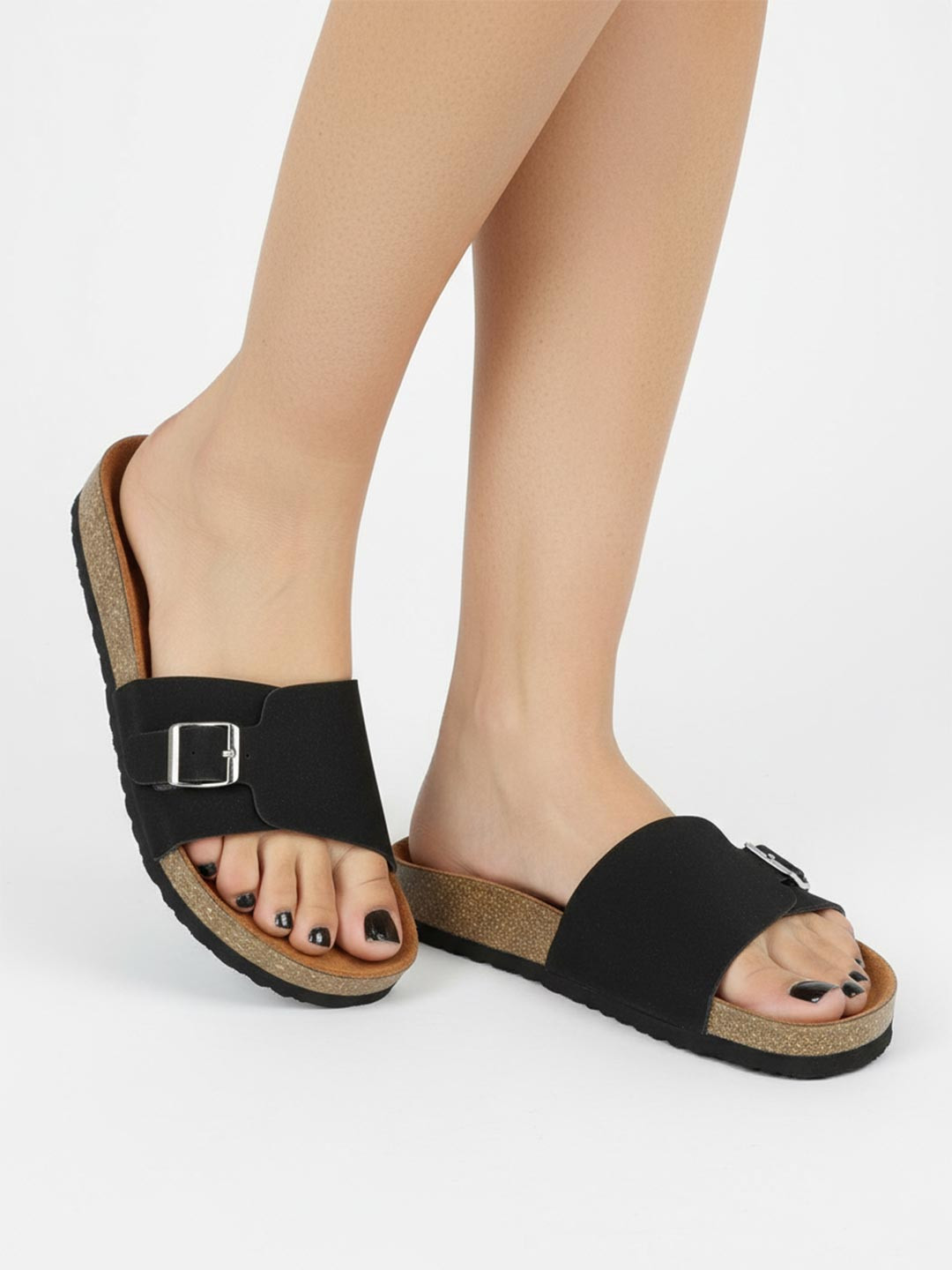 LYDC Women Black Comfort EVA Flat Sandals With Buckles