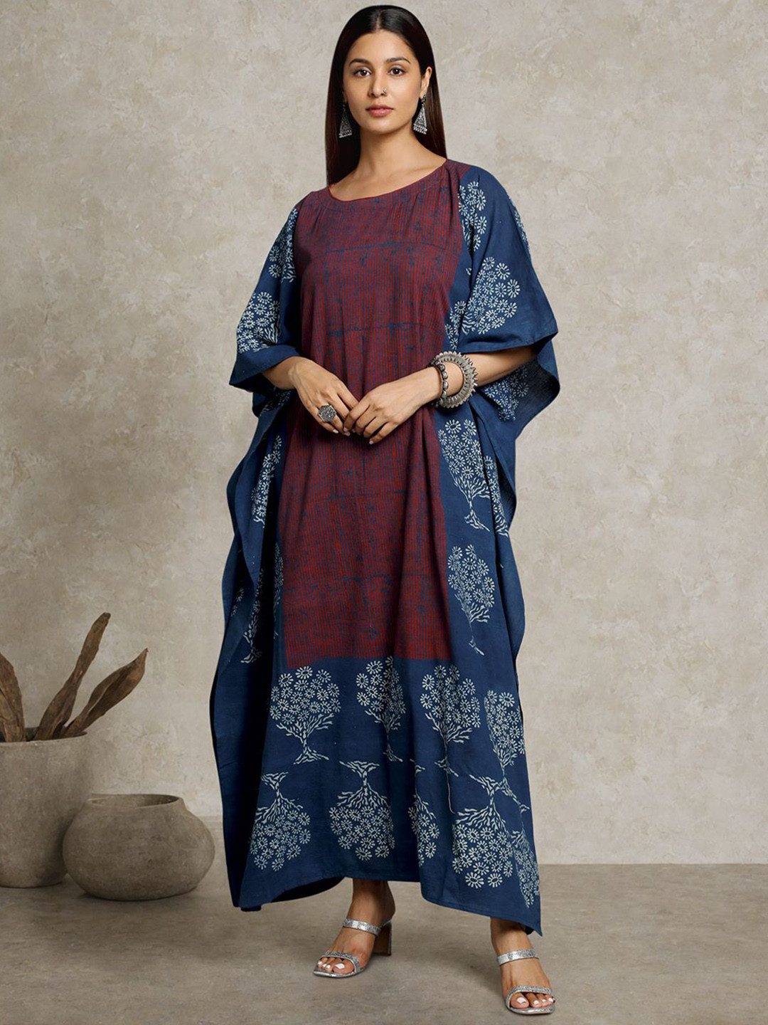 Taavi Ajrakh Printed Cotton Round Neck Kaftan Dress