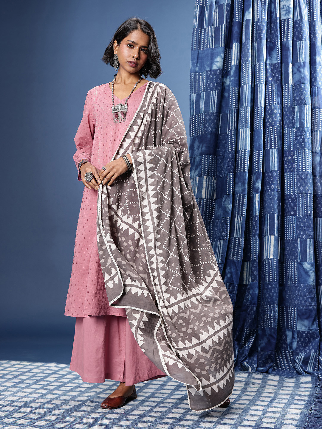 Taavi Woven legacy Pure Cotton Dobby Panelled A-Line Kurta With Palazzos & Dupatta