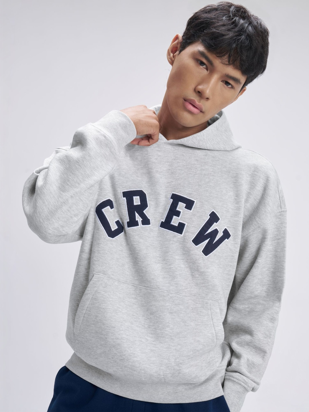 XYXX Men XYXX Crew Cotton Blend Grey Solid Oversized Hoodie