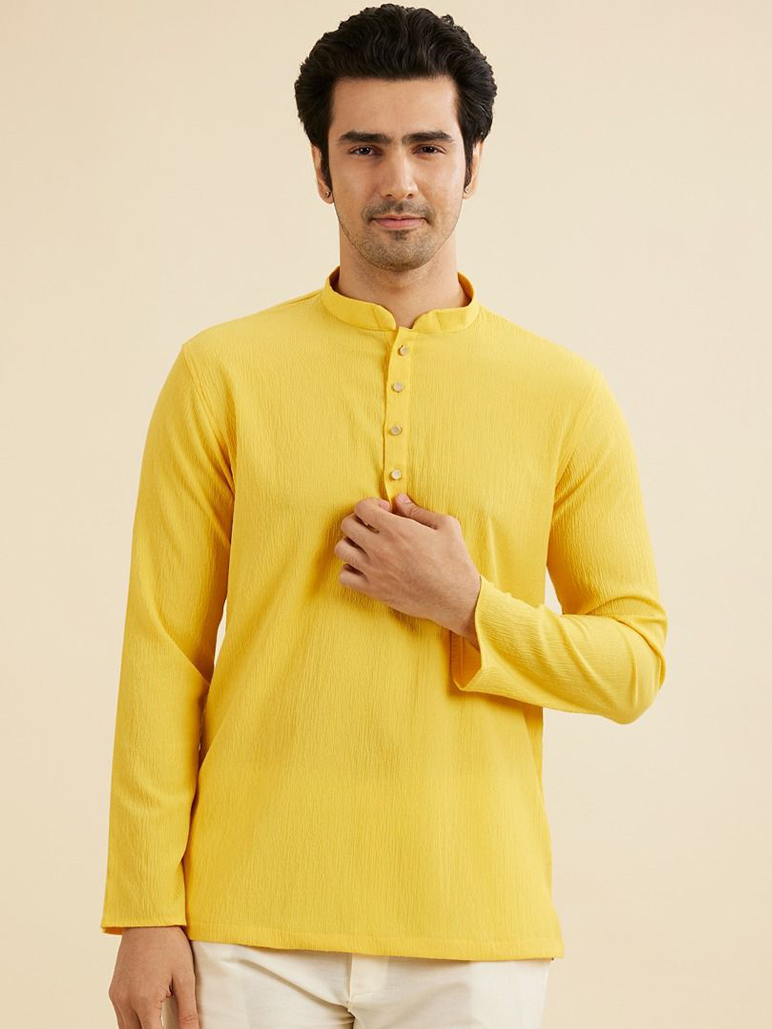 Manyavar Textured Mandarin Collar Casual Short Kurta