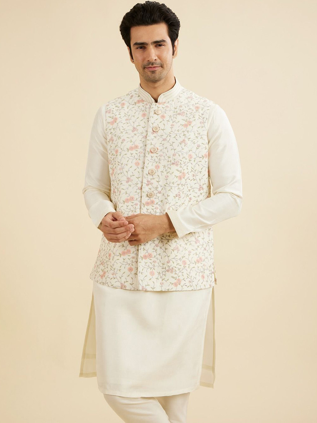 Manyavar Mandarin Collar Art Silk Straight Kurta And Pyjamas With Jacket