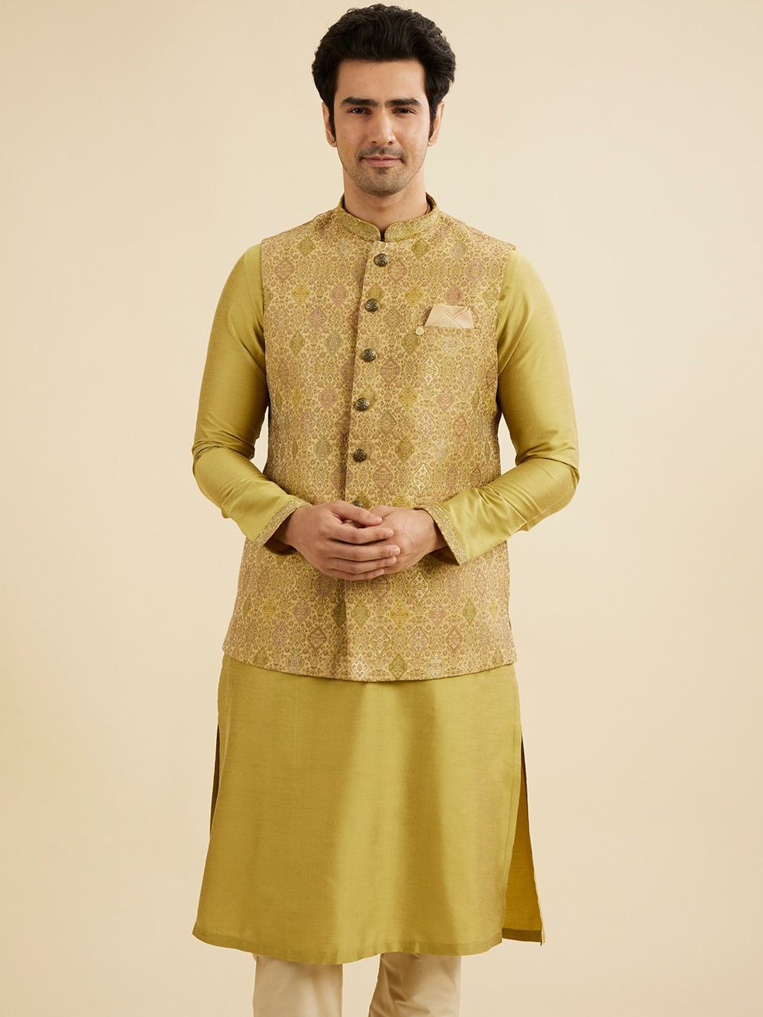 Manyavar Thread Work Mandarin Collar Straight Kurta With Trousers And Jacket