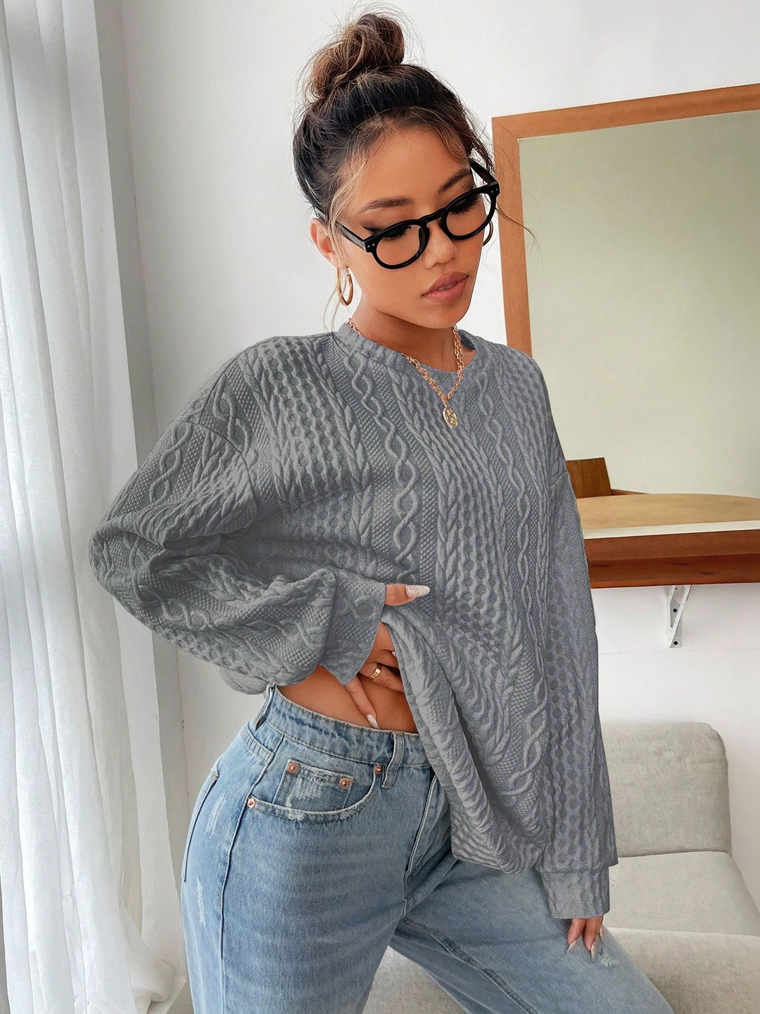 Stylecast X Slyck Women Solid Textured Pullover Sweatshirt