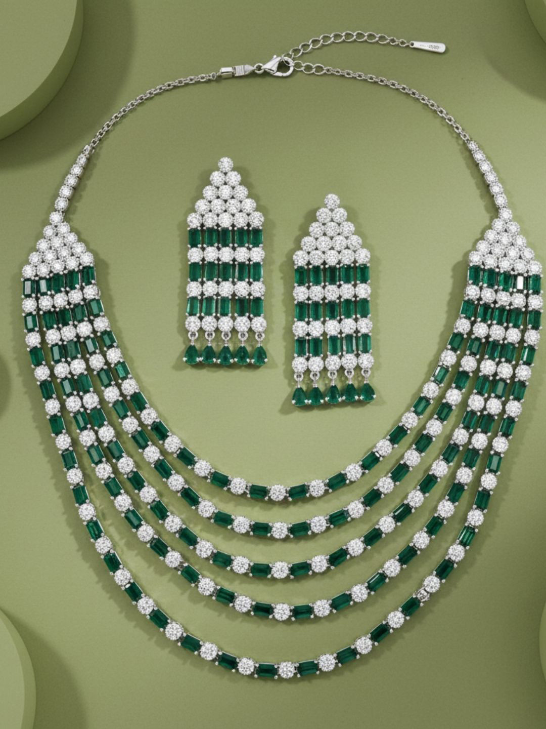 IKSAVA Multi-Layer American Diamond and Emerald Studded Necklace Set
