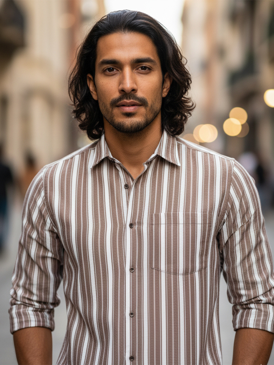 Bene Kleed Mens Brown Striped textured Regular fit Casual Full Sleeves Shirt