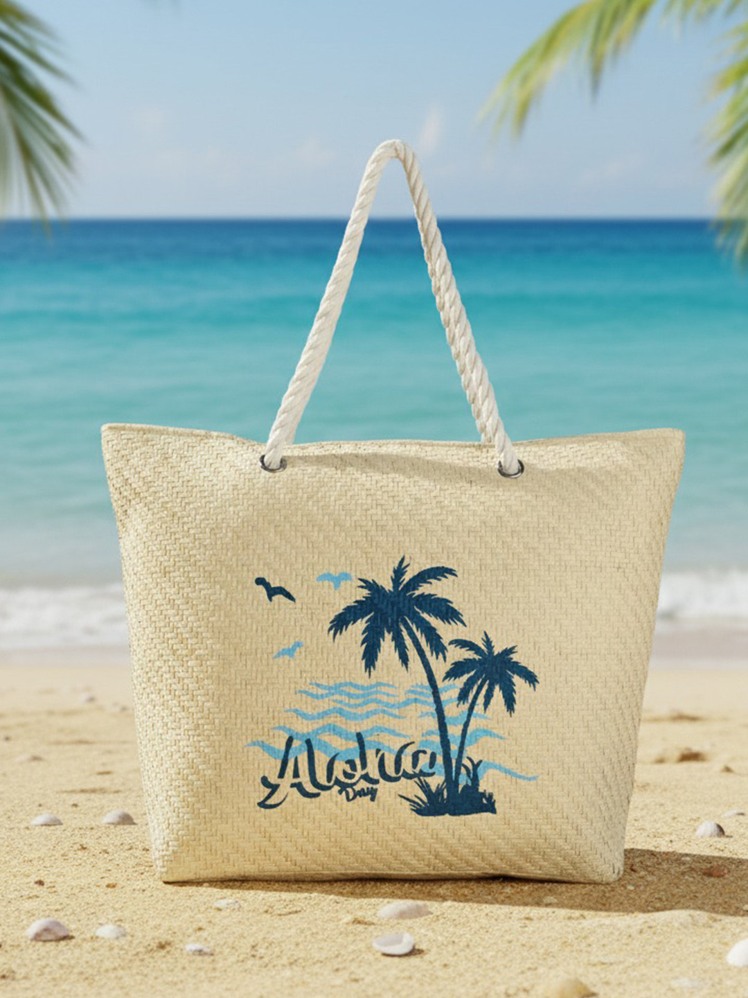 ENSAC White & Blue Solid Graphic Shopper Detachable Sling Strap Embroidered Tote Bag