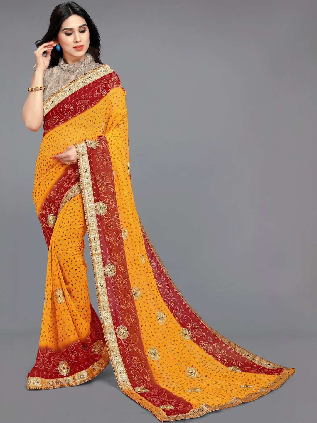 KALINI Bandhani Embroidered Poly Georgette Heavy Work Bandhani Saree