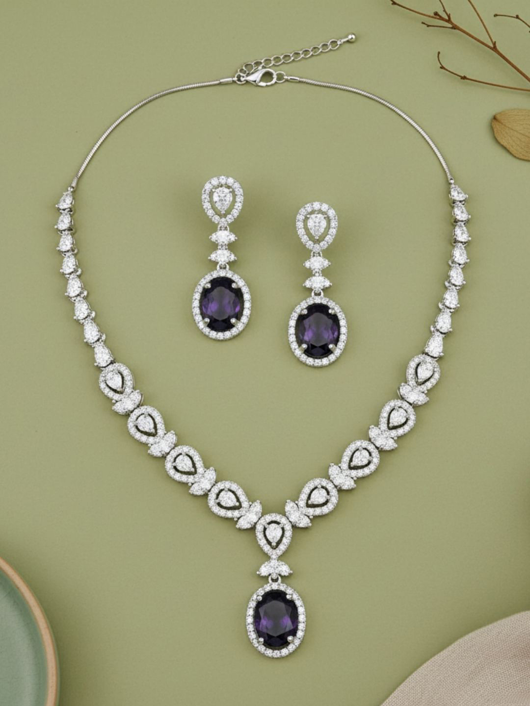 IKSAVA Women Purple Gemstone Silver-Plated Necklace and Earrings