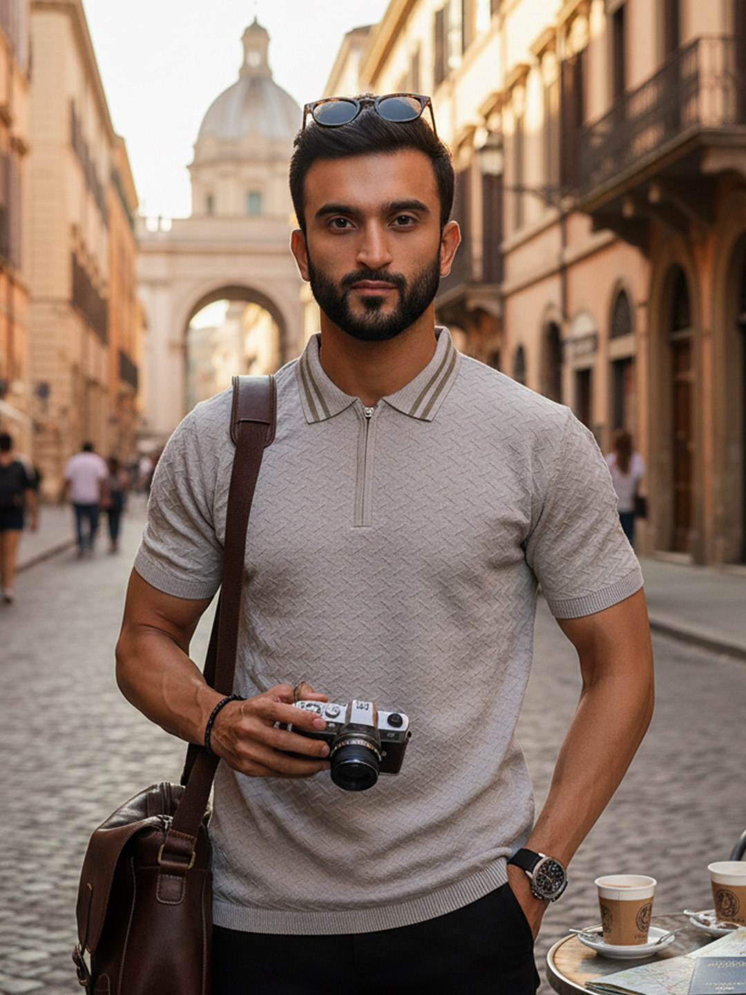 Loopers Self Design Polo Collar Cotton T-shirt