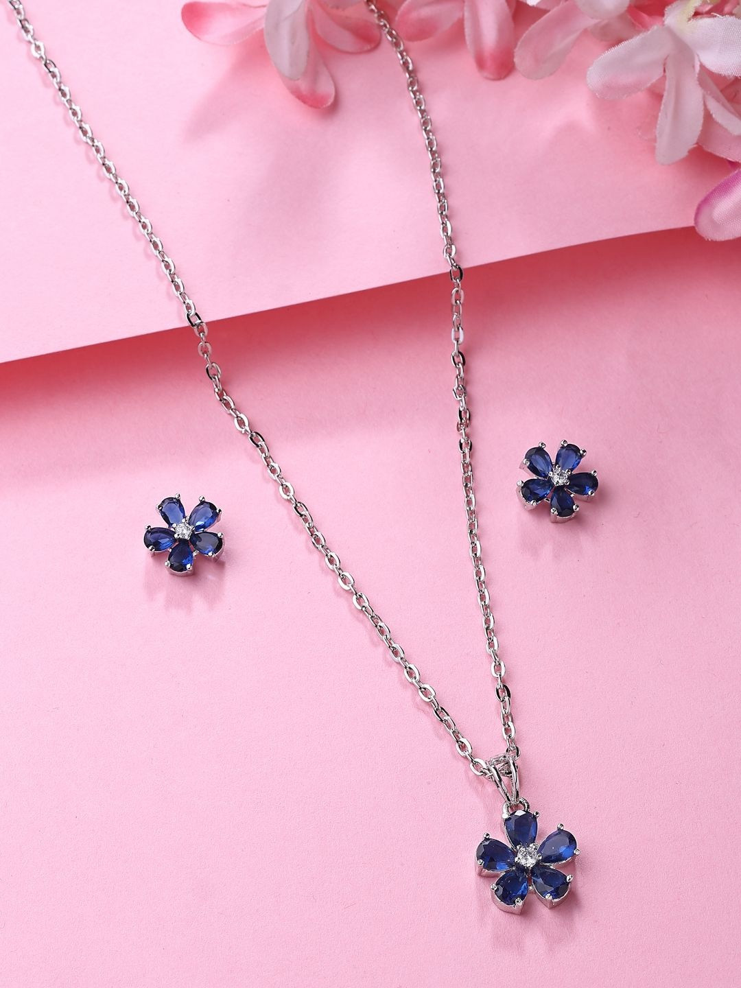 ZENEME Rhodium-Plated American Diamond Studded Jewellery Set