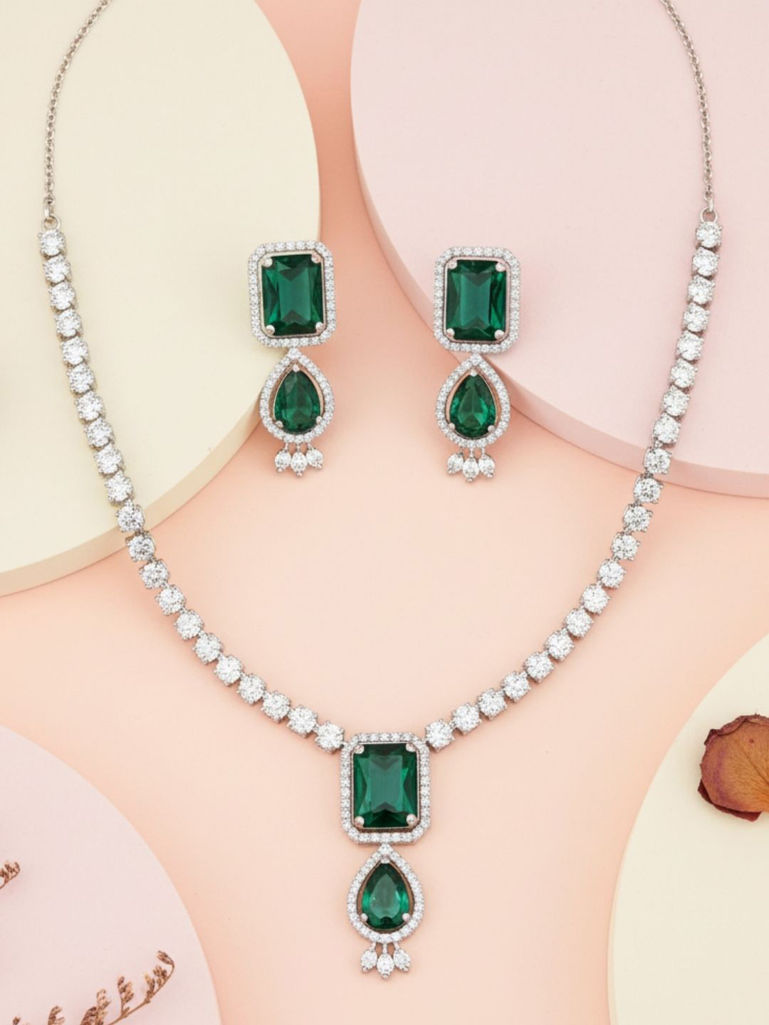 IKSAVA Silver-Plated American Diamond And Emrald Studded & Beaded Necklace And Earrings