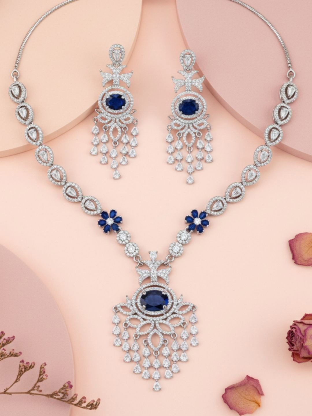IKSAVA Women Silver-Plated American Diamond Sapphire Chandelier Designed Jewellery Set