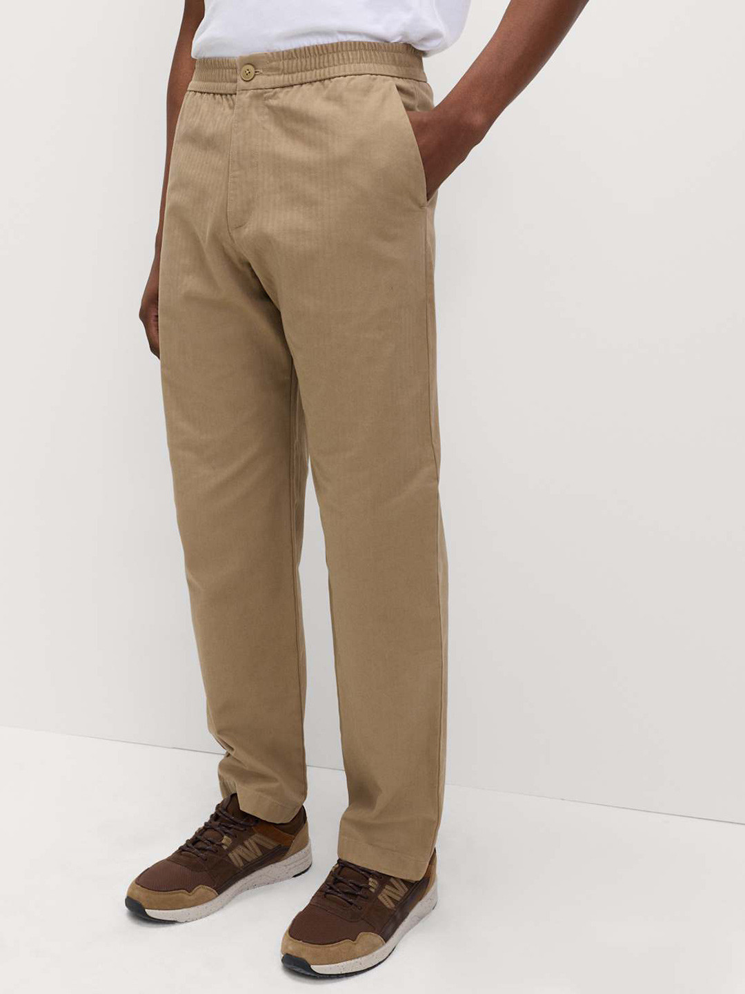 Marks & Spencer Men Herringbone Tapered Fit Pure Cotton Regular Trousers