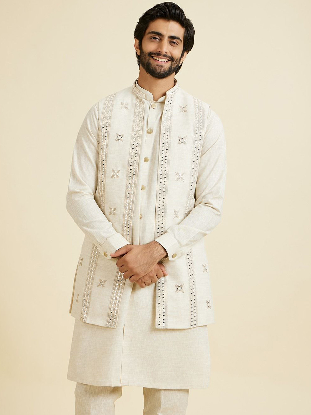 Manyavar Floral Embroidered Mandarin Collar Mirror Work Linen Kurta With Churidar & Jacket
