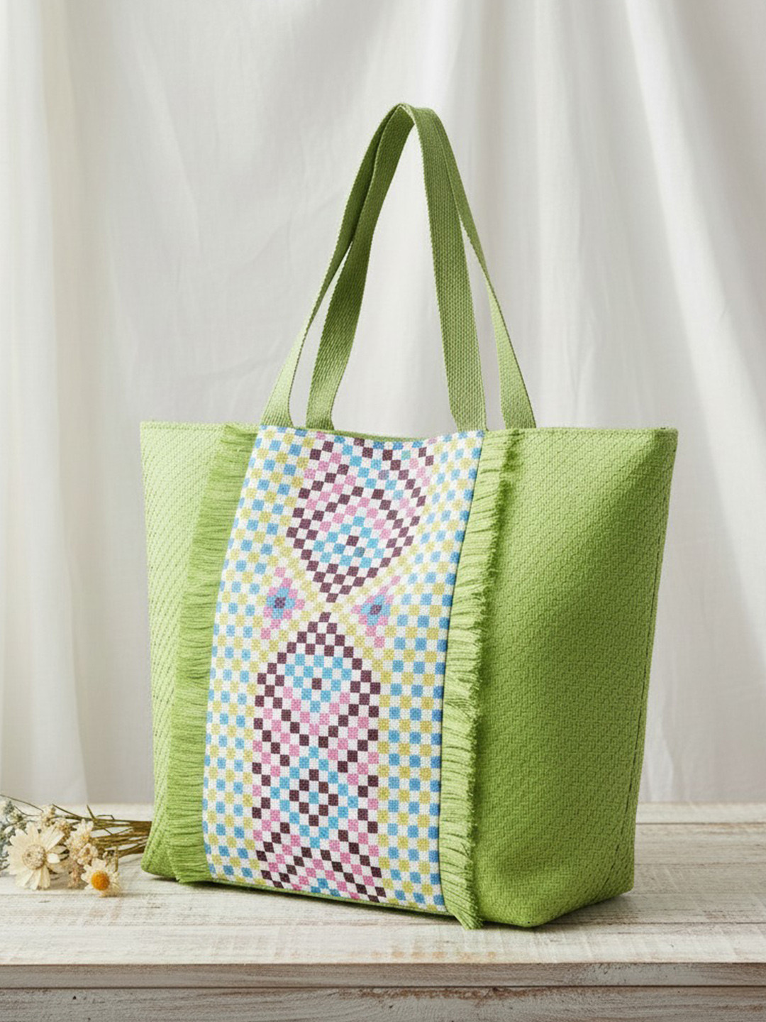 ENSAC Green & Blue Solid Geometric Shopper Detachable Sling Strap Embroidered Tote Bag