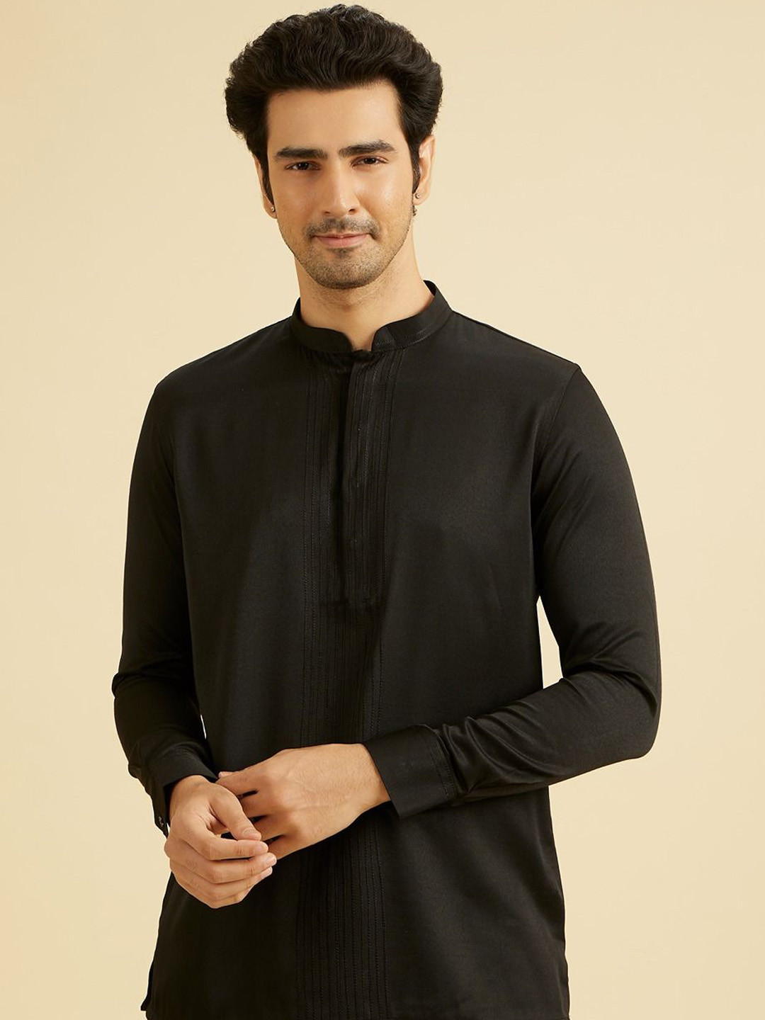 Manyavar Woven Design Mandarin Collar Rolled-Up Sleeves Short Kurta
