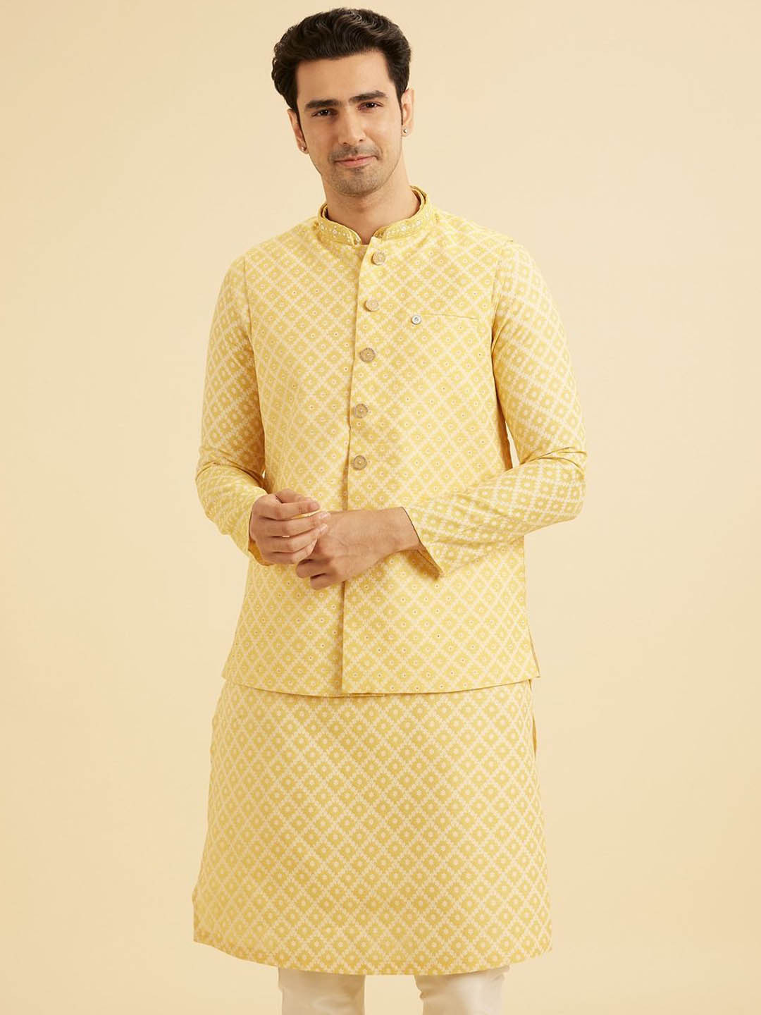 Manyavar Men Printed Nehru Jacket with Stone Work Detail