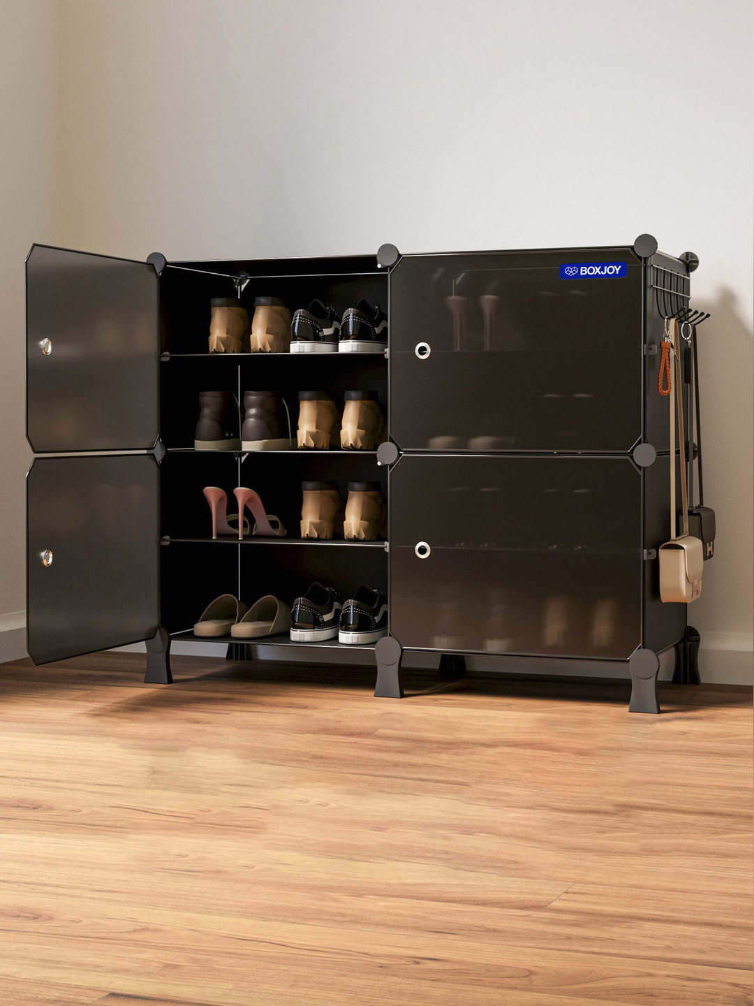 BOXJOY Black Waterproof & Dustproof 8-Shelf Shoe Rack With Doors