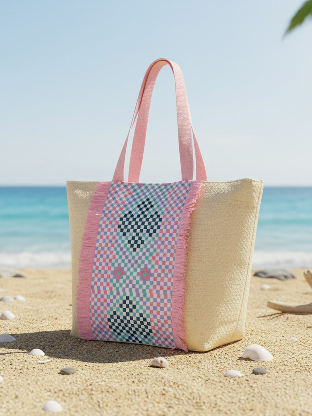 ENSAC Beige & Blue Solid Geometric Shopper Detachable Sling Strap Embroidered Tote Bag