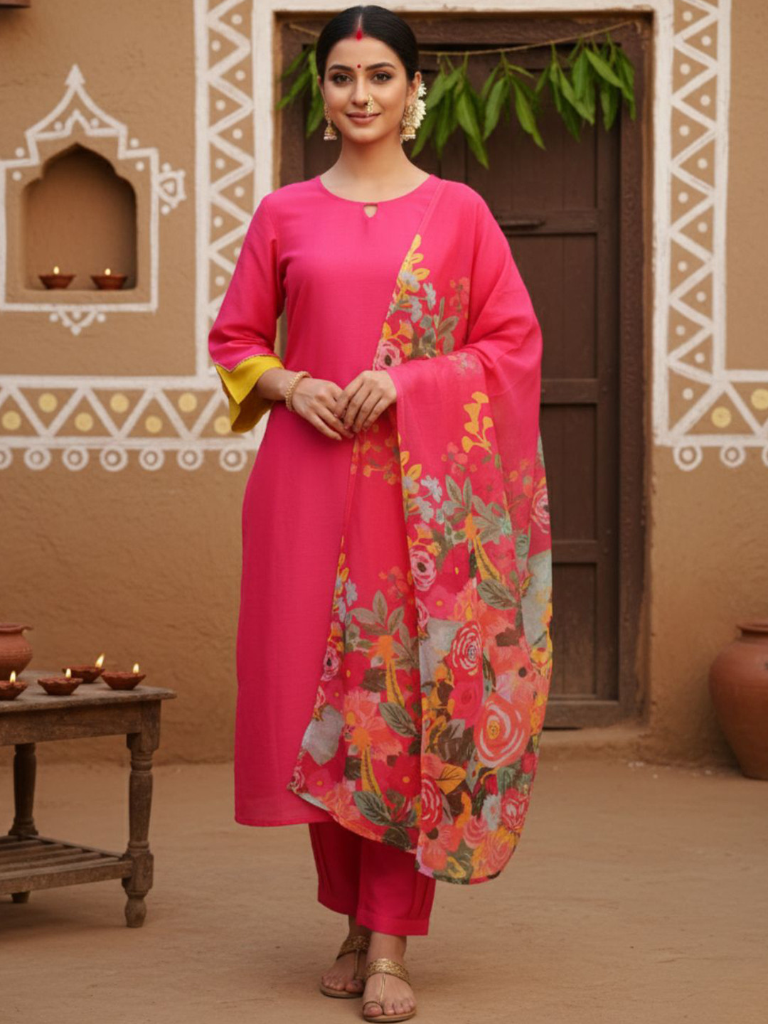 KALINI Women Cotton Silk Straight Solid Kurta Salwar With Digital Print Dupatta Kurta Sets