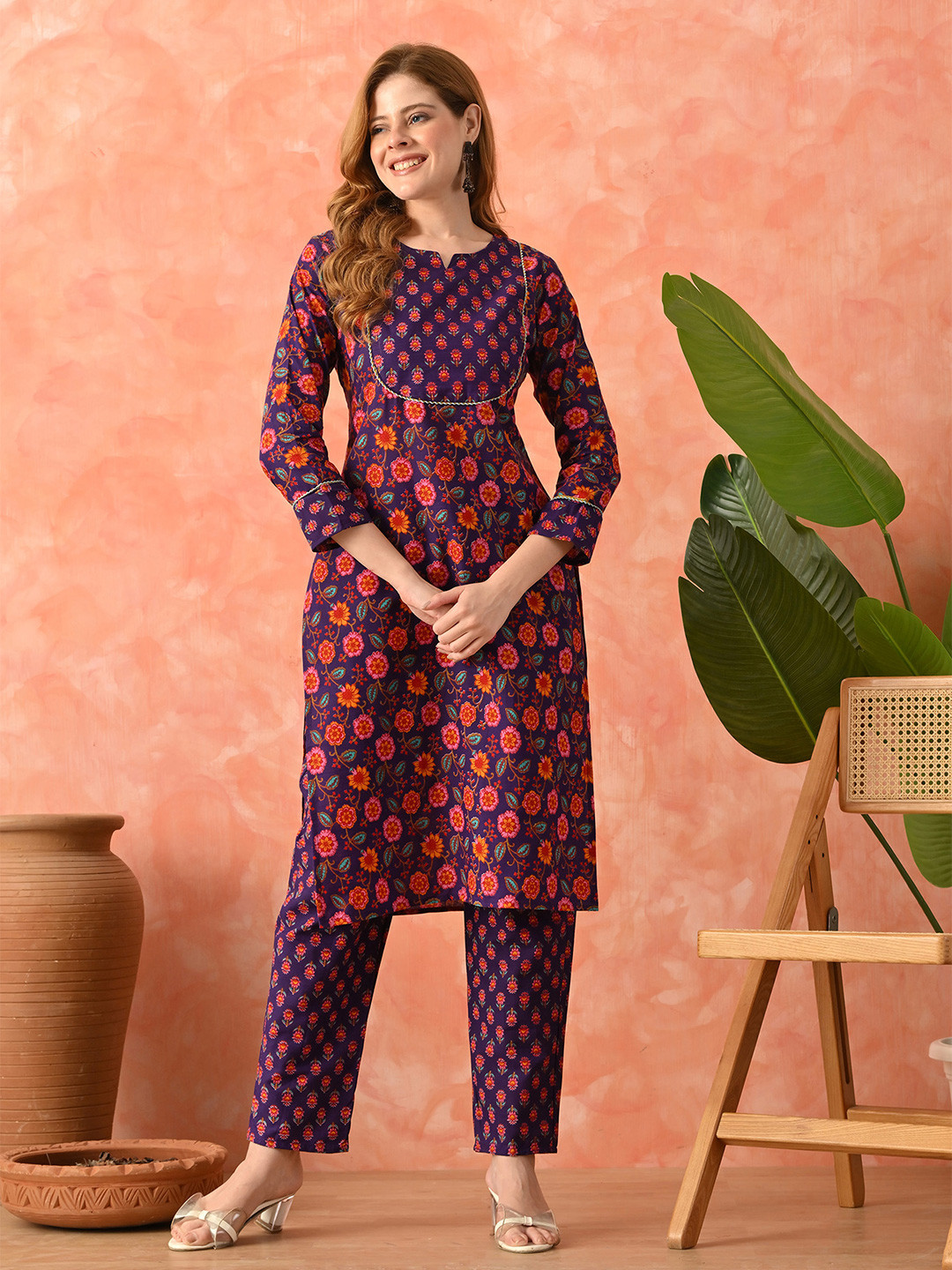 PRISCA Women Multi Floral Printed Regular Three-Quarter Sleeves Pure Cotton Kurta Sets