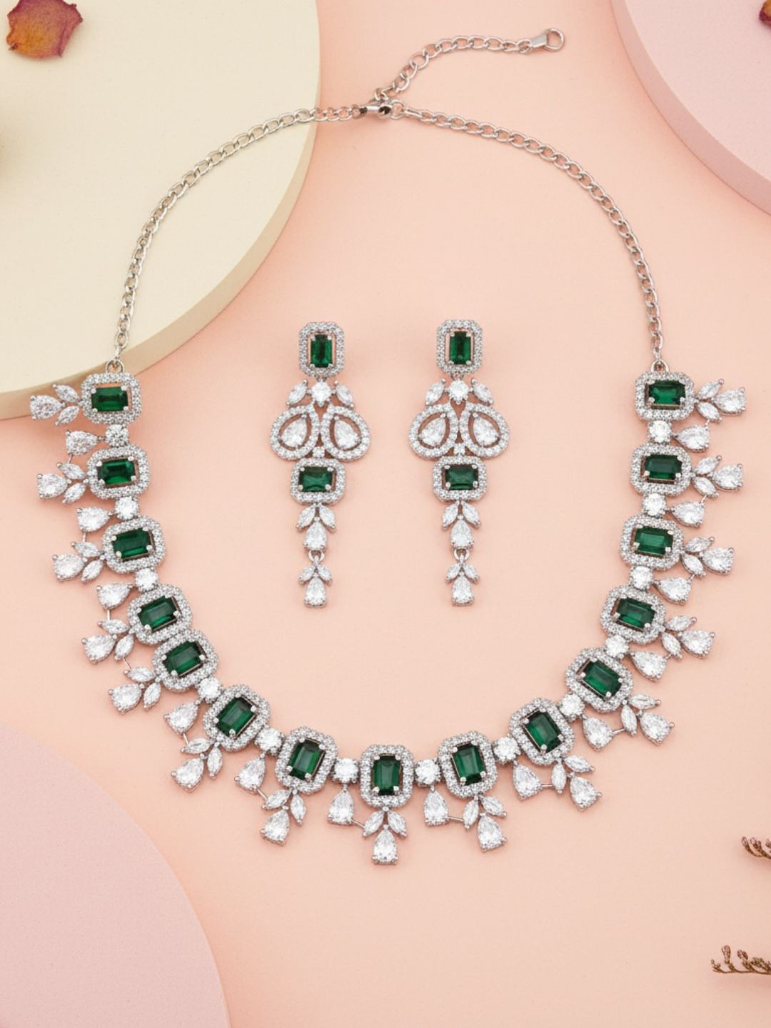 IKSAVA Stainless Steel Silver-Plated AD & Emrald Studded Necklace And Earrings