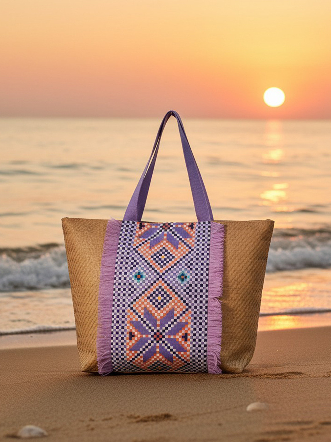 ENSAC Brown & Blue Solid Shopper Detachable Sling Strap Embroidered Tote Bag