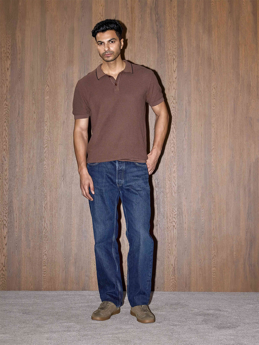 COVE AND LANE Men Self Design Polo Collar T-shirt