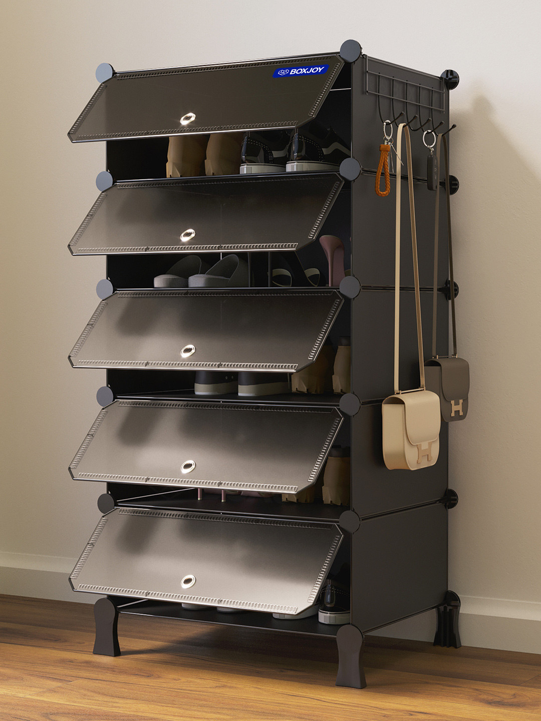 BOXJOY Black Waterproof & Dustproof 5-Shelf Shoe Rack With Doors