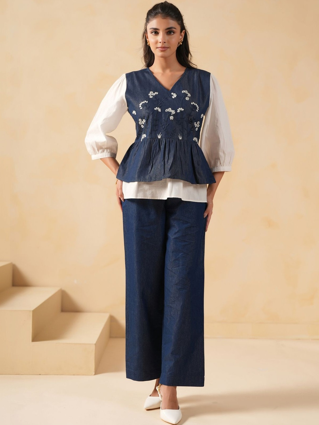 SAVI Floral Embroidered Puff Sleeve Denim Peplum Top