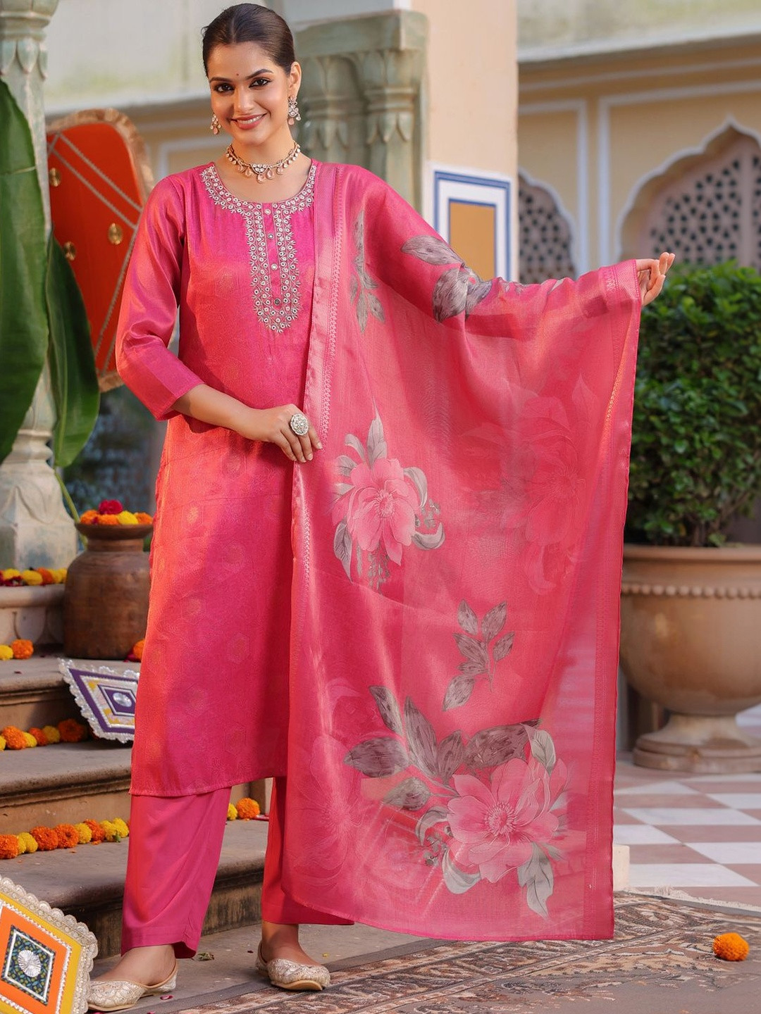 Rain & Rainbow Floral Printed Kurta Trouser Set With Dupatta