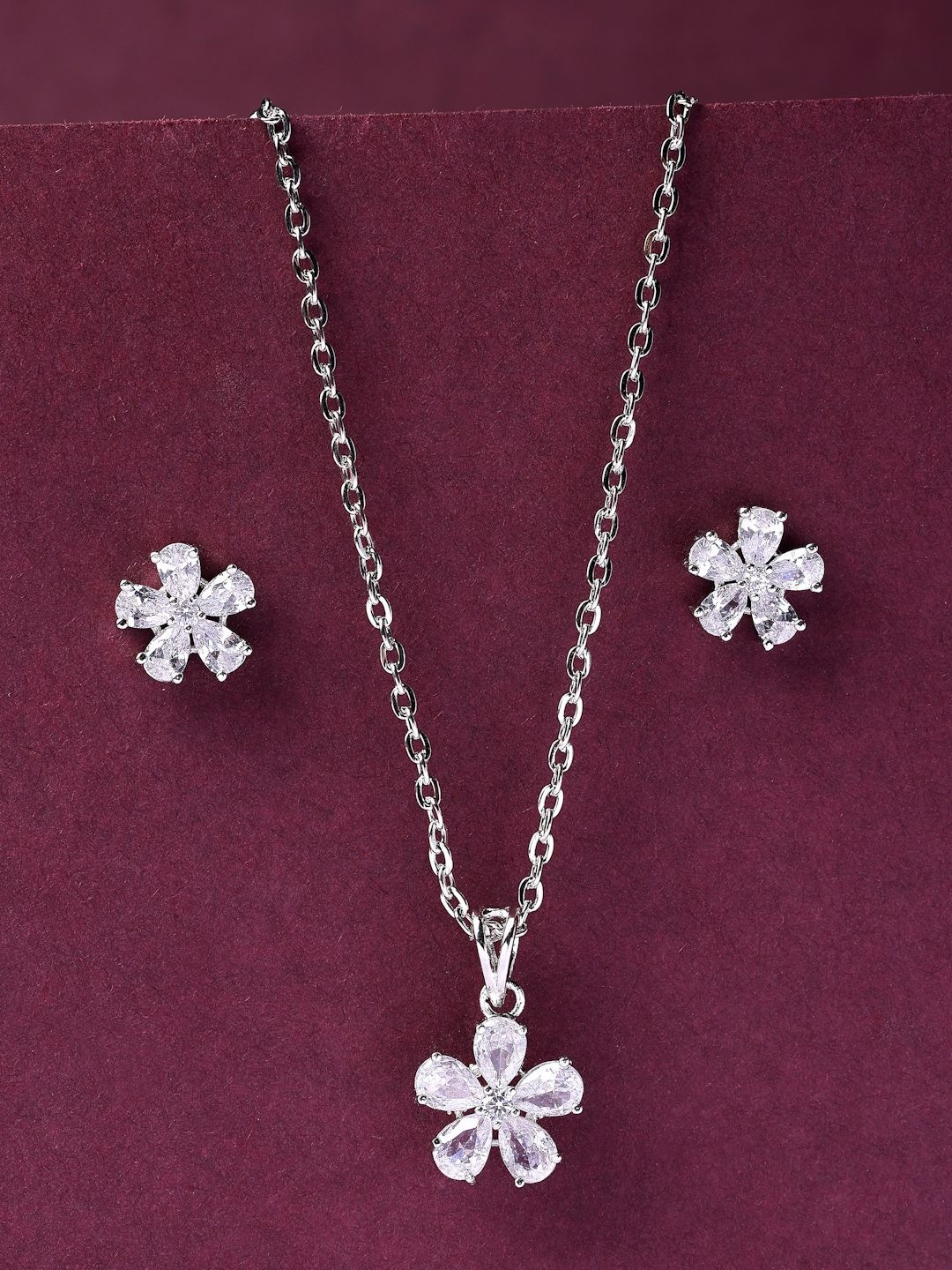 ZENEME Rhodium-Plated American Diamond Studded Jewellery Set