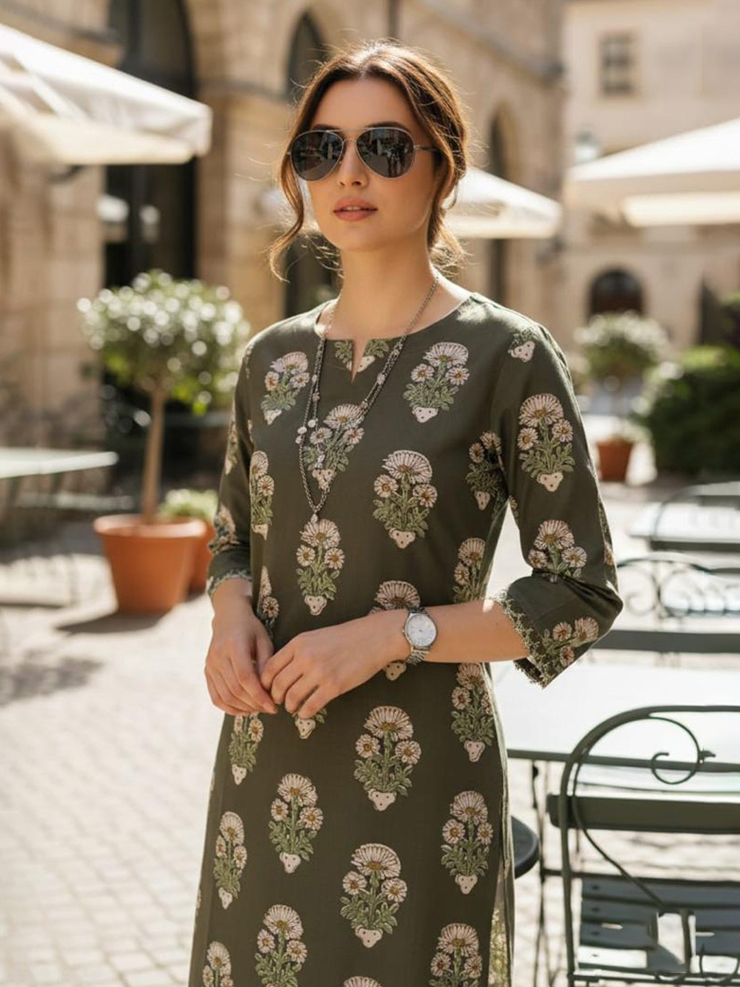 Rimeline Floral Screen Printed Notch Neck Pure Cotton Straight Kurta