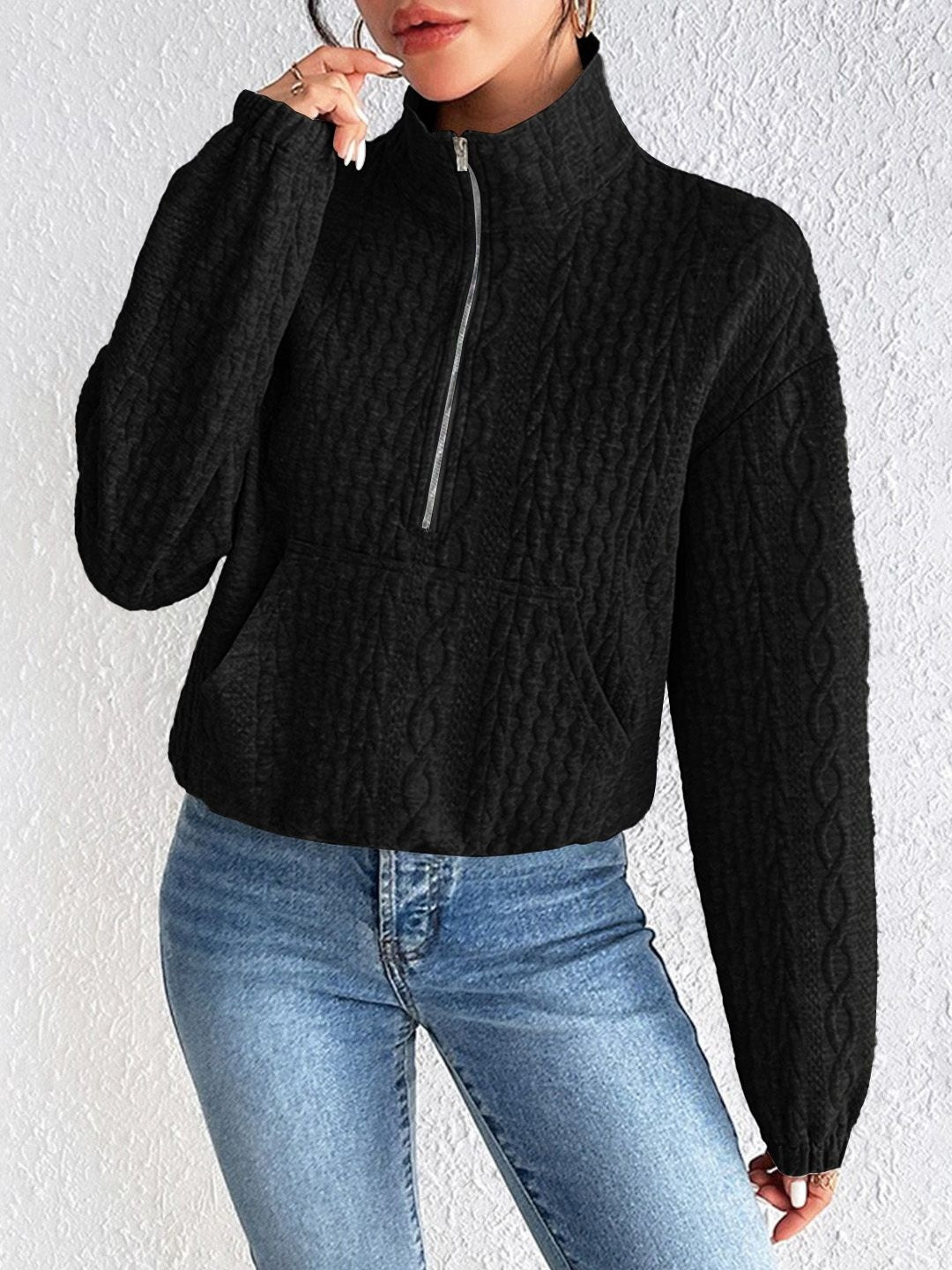 Stylecast X Slyck Women Solid Textured Half Zip High Neck Sweatshirt