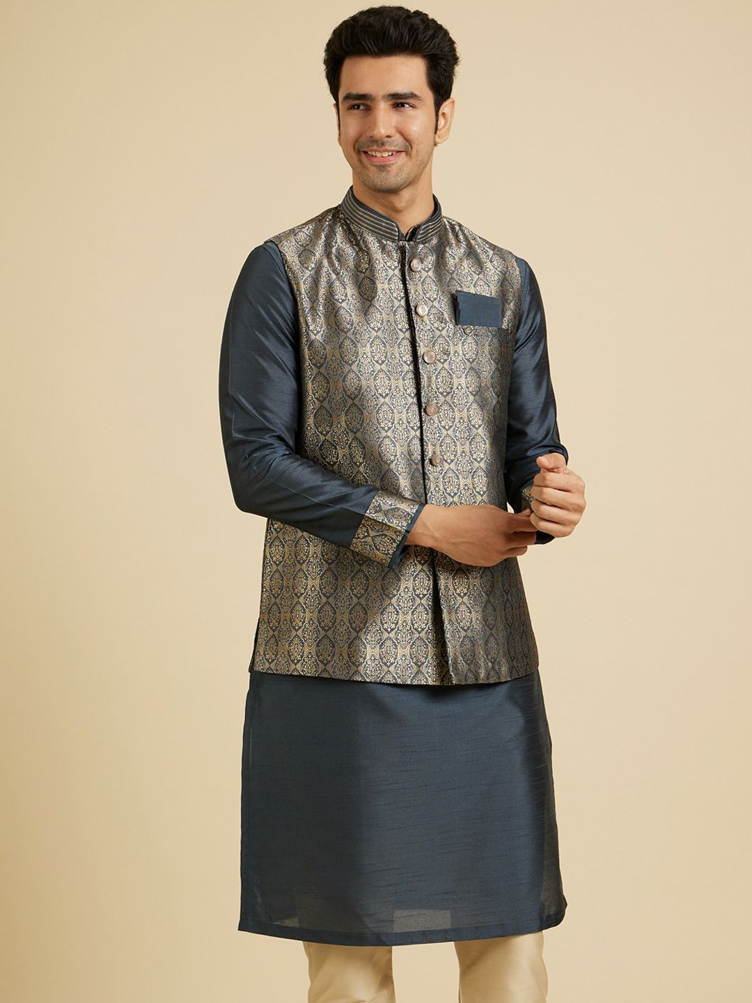 Mandarin Collar Straight Kurta With Pyjama and Nehru jacket