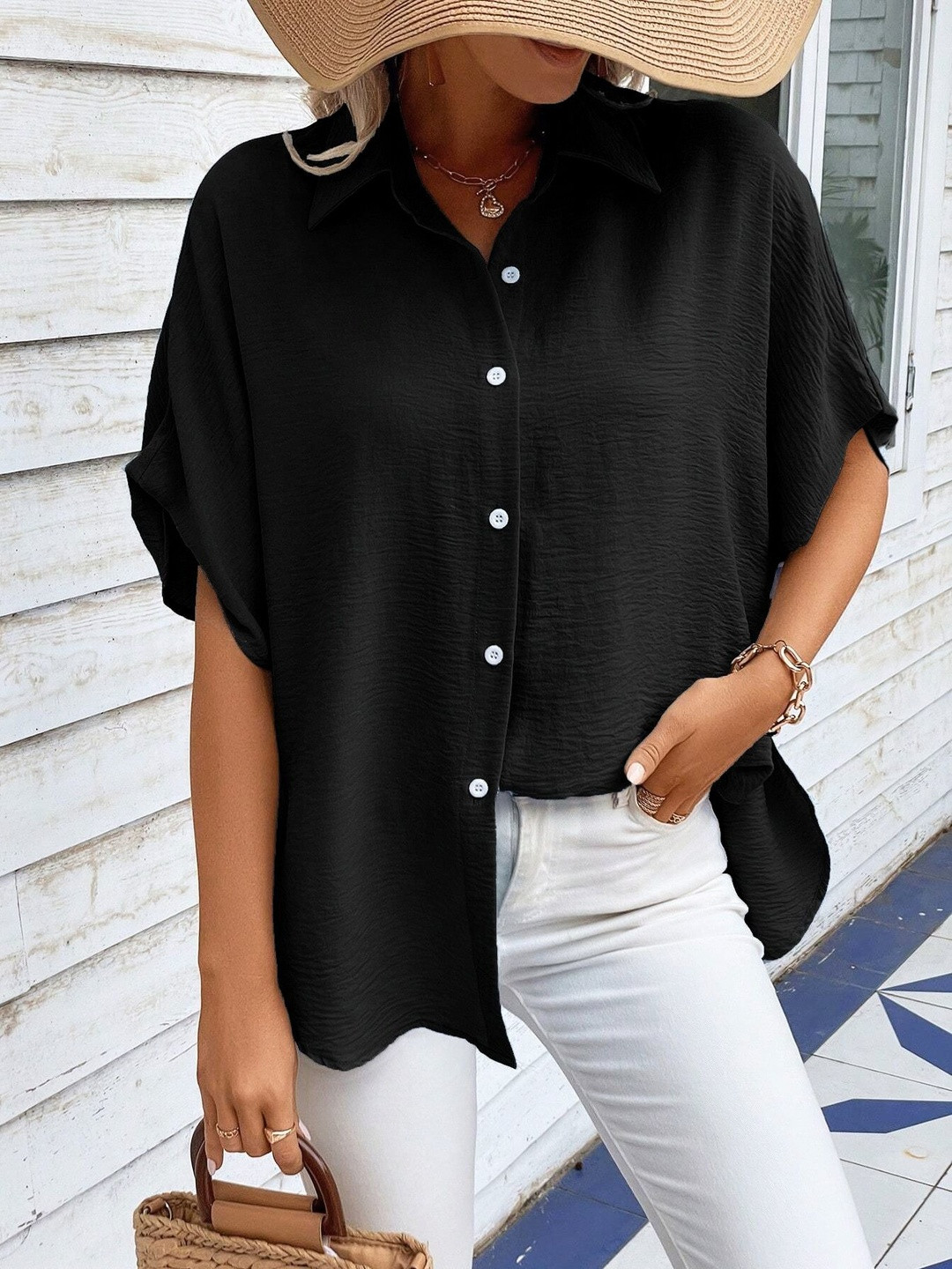 Stylecast X Slyck Women Solid Spread Collar Dolman Sleeves Oversized Shirt